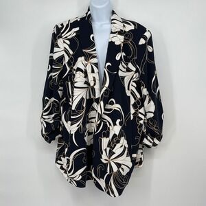 Chico's Floral Print‎ Black White Gold Ruched Sleeve Blazer Jacket Size 18